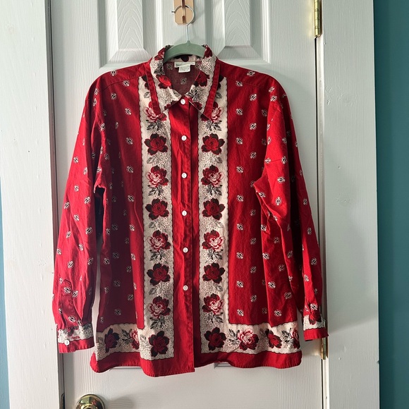 Banana Republic Vintage Red Floral Border Print Button Down Blouse Medium - Picture 2 of 5